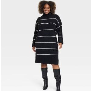 Women's Long Sleeve Cozy Knitted Midi Sweater Dress - Ava & Viv Black Stripe 1X